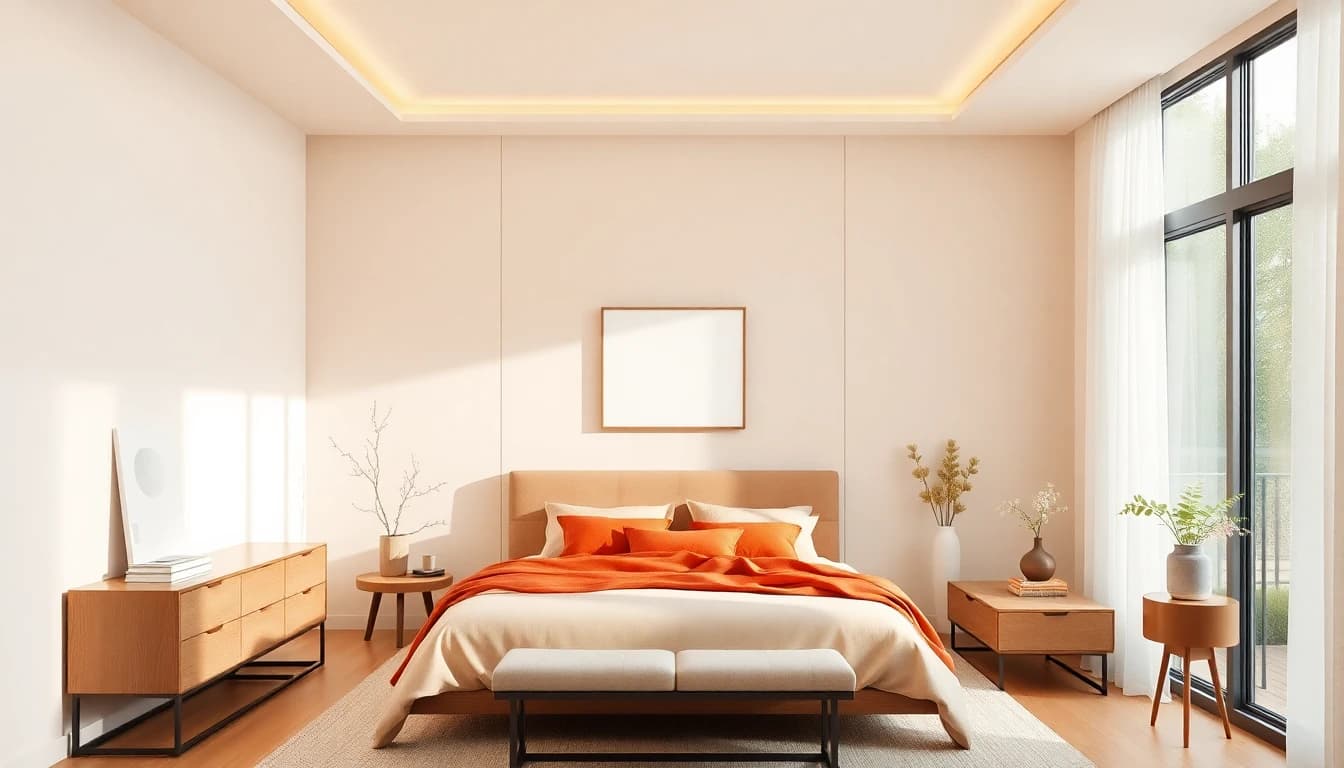 Beste Raumgestaltung App – modern gestaltetes Schlafzimmer in warmen Farbtönen