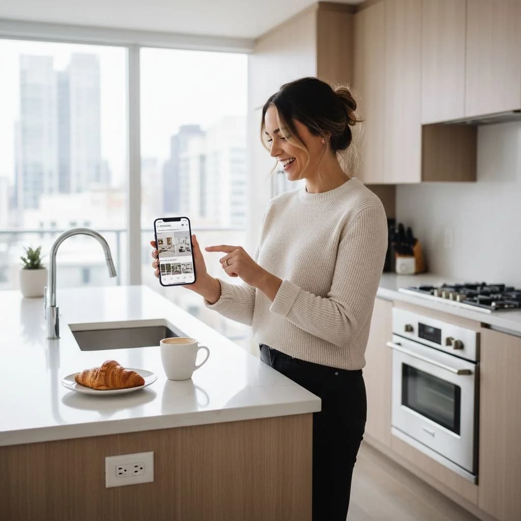 Glückliche Frau benutzt Raumplaner App auf dem Smartphone